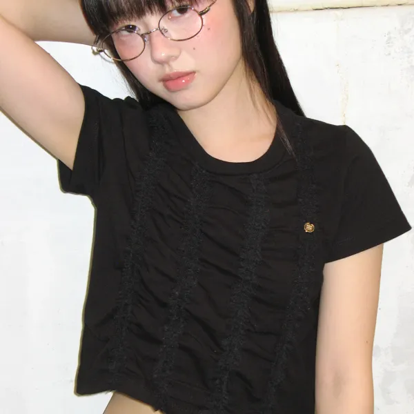 FRILL LINE PENDENT CROP SHORT T SHIRT BLACK