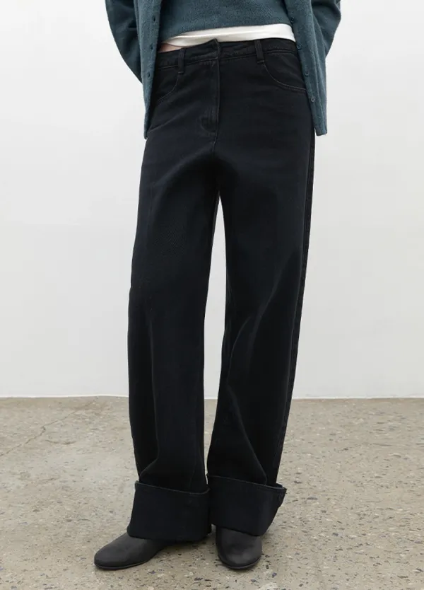 (PT-5839)CURVED TURN UP HEM DENIM PANTS