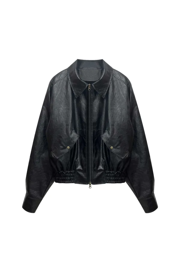 PAMELA LEATHER BOMBER JACKET / BLACK