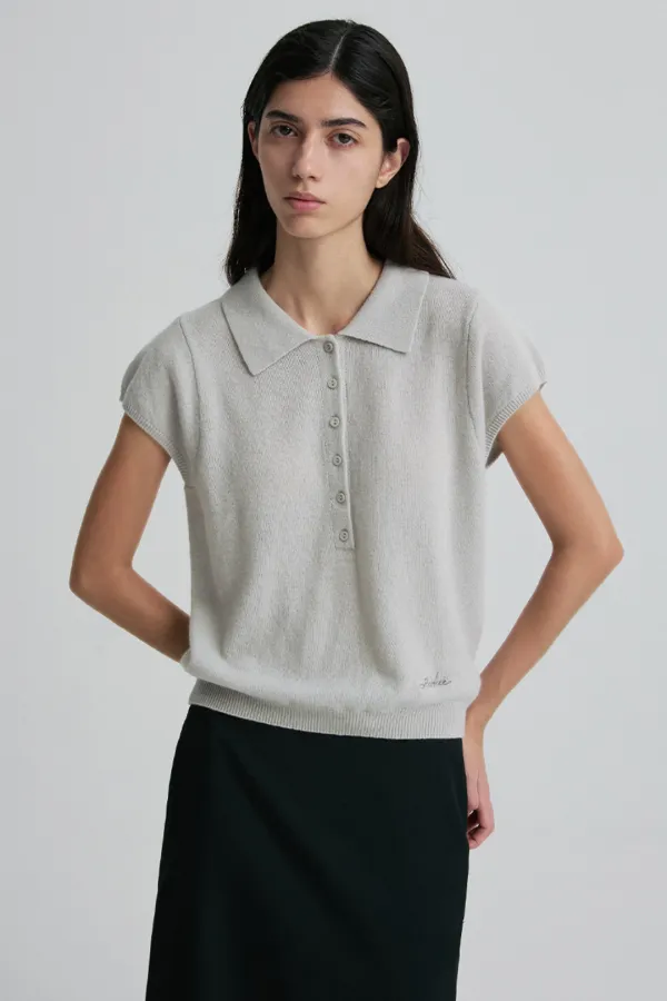 COLLARED CAP-SLEEVE KNIT TOP CLOUD