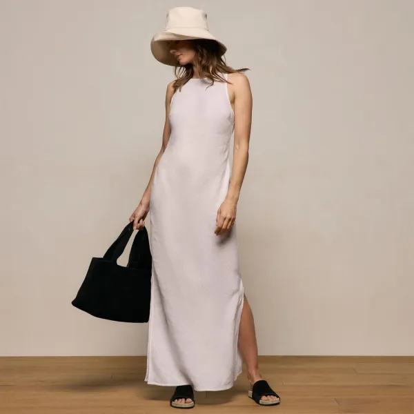 Linen Halter Maxi Dress - White