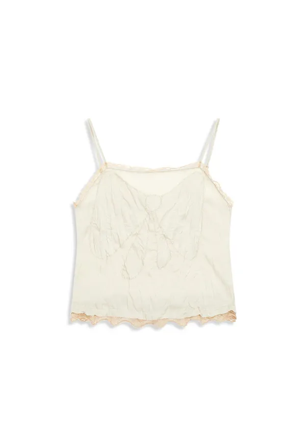 CRINKLED LACE TRIM TOP, LIGHT BEIGE