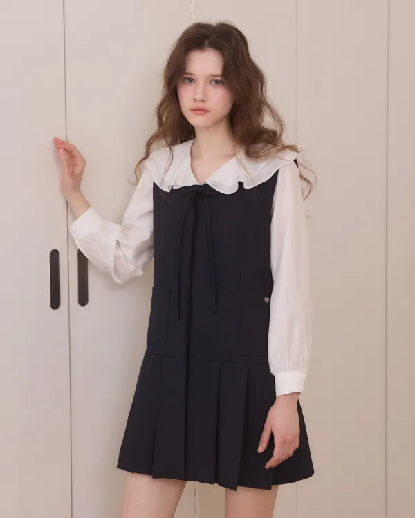 Hidden button ribbon pleats midi dress - navy