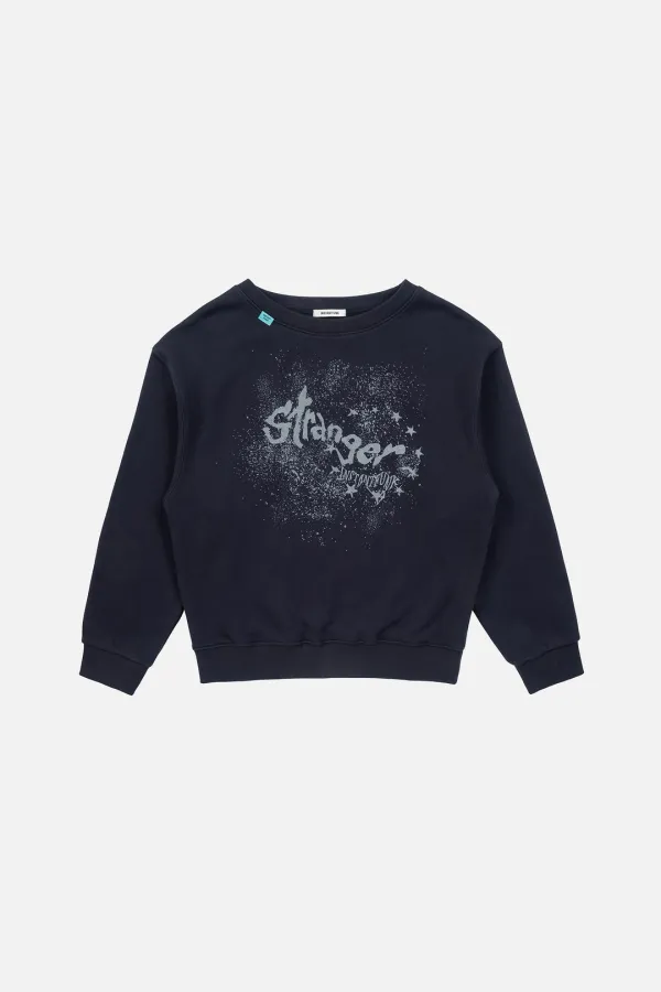 GRAPHIC SCOOP NECK OFF SHOULDER SWEATSHIRTS - NAVY