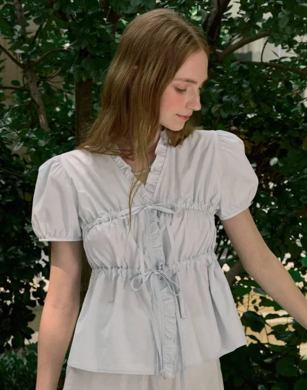 Ribbon Shirring Puff Sleeve Blouse - Light Blue