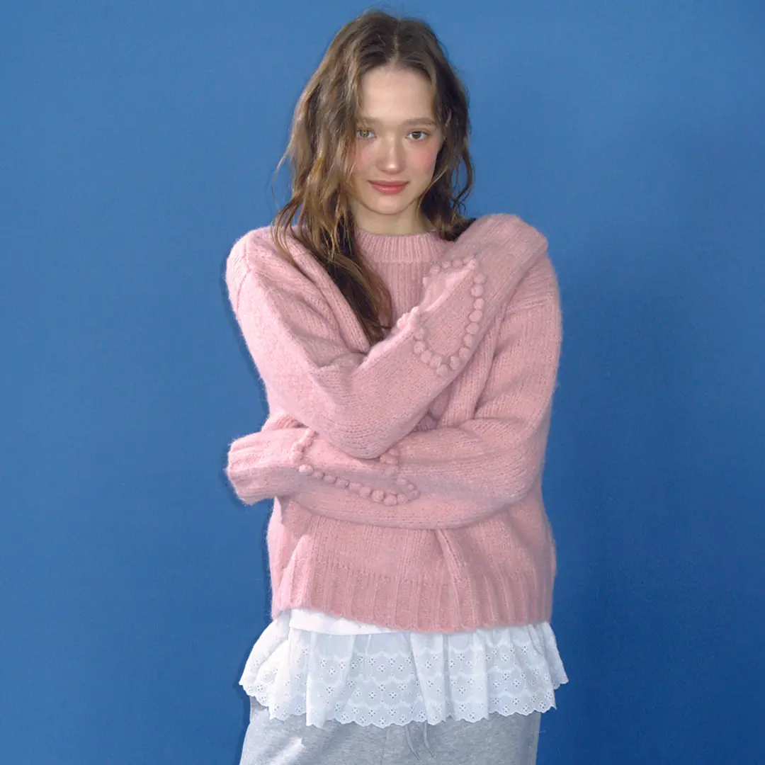 론론 HANDMADE HEART SLEEVE POINT PULLOVER KNIT CREAM PINK 상품 이미지 2