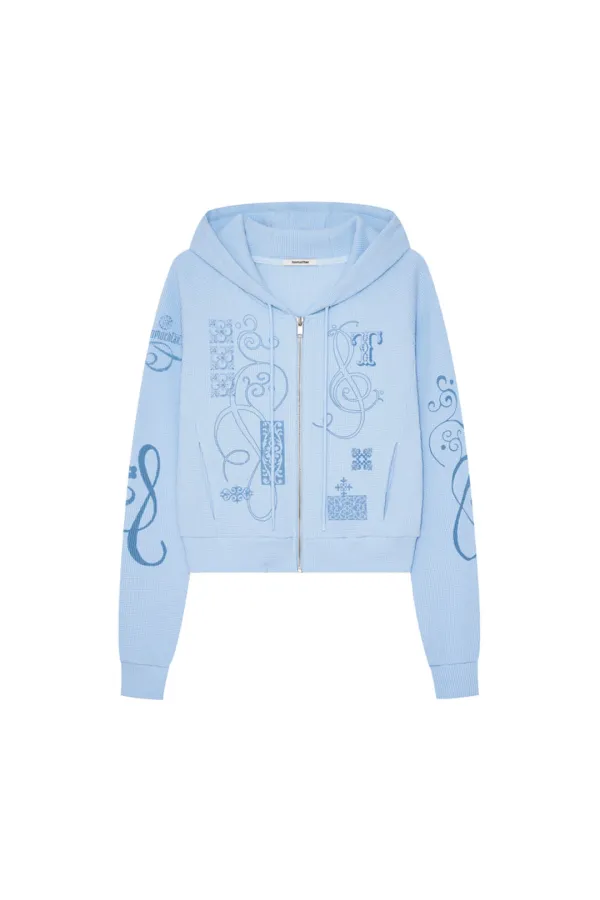 FOLK PATTERN CROP WAFFLE ZIP-UP HOODIE (LIGHT BLUE)