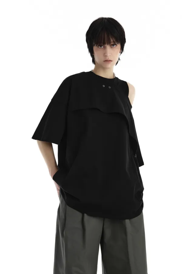 One-Sleeve Overlay Oversized T-Shirt [ Black ]