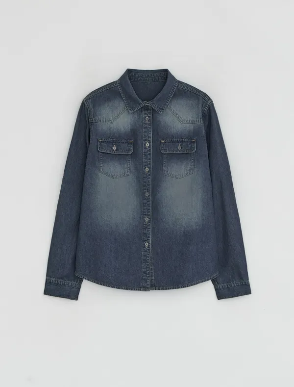 STITCHED BUTTON DENIM SHIRT [BLUE]