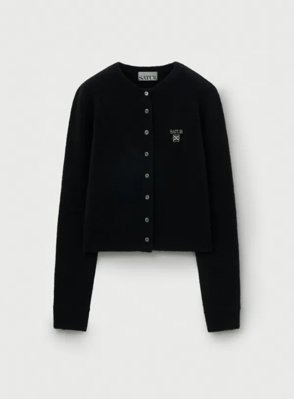 (W) Loren Wool Blend Crew Neck Knit Cardigan - Black