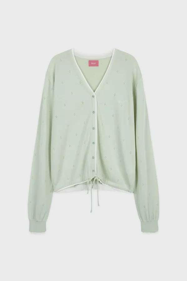 V Neck String Punching Cardigan (Light Green)