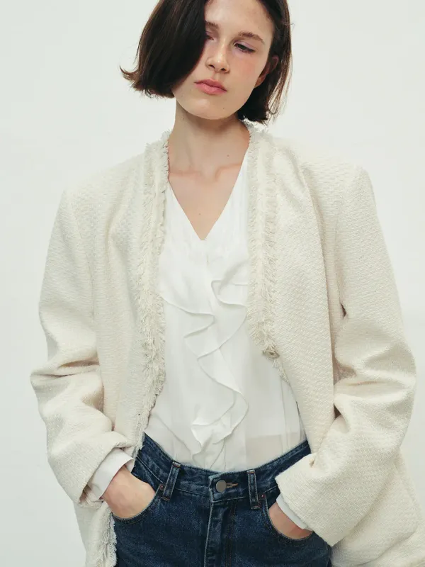FRINGE V NECK TWEED JACKET - IVORY