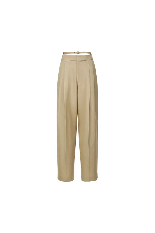 Belted Two-tuck Trousers, Beige
