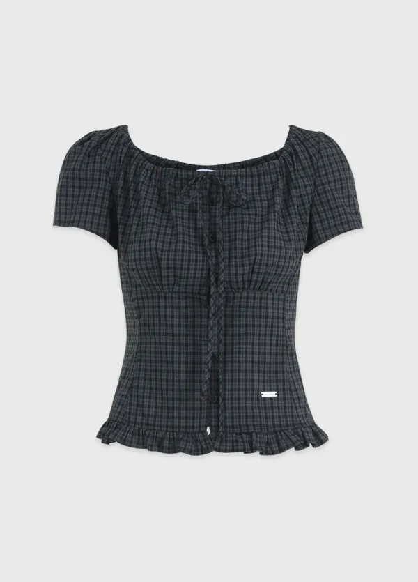  [44-120]  Melo Frill Blouse  멜로 프릴 블라우스 (여름-데일리룩-데이트룩-휴가룩-모리-여행룩-러블리룩-출근룩-프릴-여리블라우스-체크블라우스-여름블라우스-체크-스트링-자체제작) 