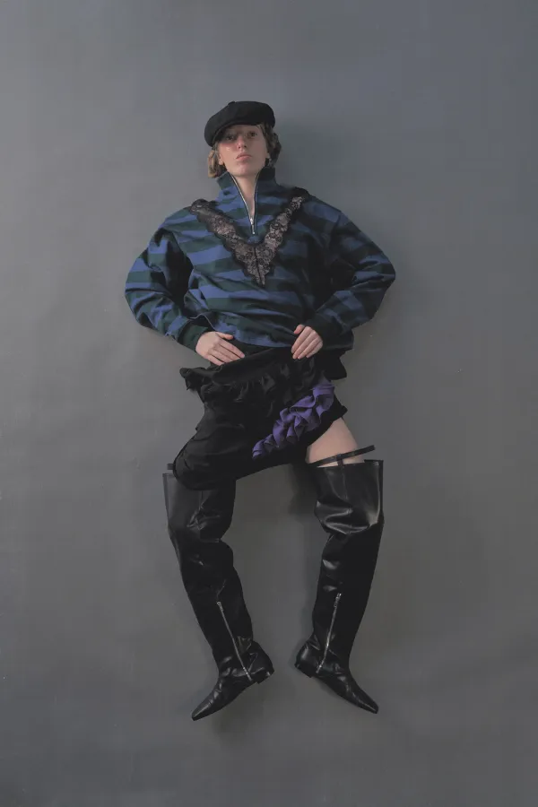 PF26 GREEN BLUE STRIPE LACE HALF ZIP UP