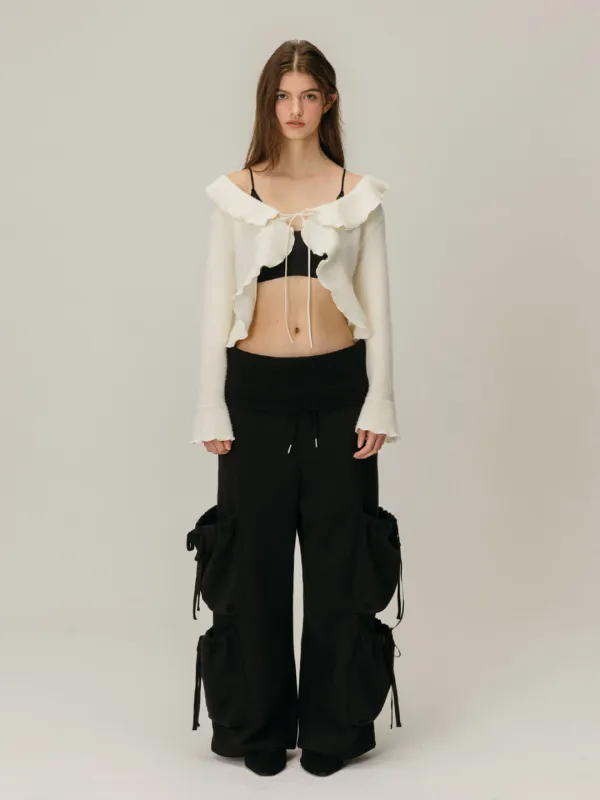 FOLDOVER SHIRRING SWEATPANTS / BLACK