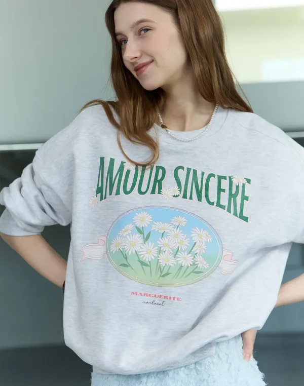 Vintage Marguerite Print Sweatshirt - Light Grey