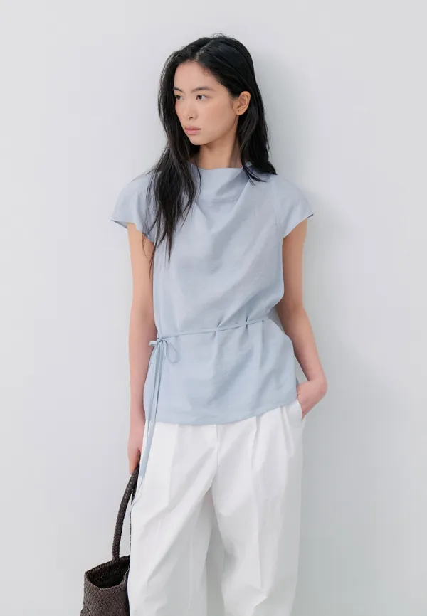 DRAPE CAP SLEEVE BLOUSE - LIGHT BLUE