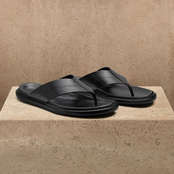 Men's Calf Leather Thong Sandal - Black