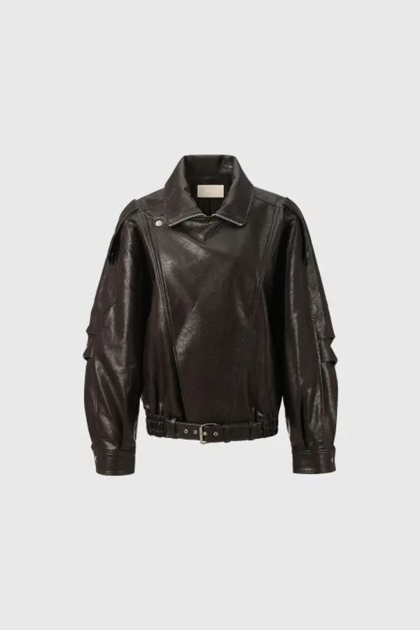 Trim Oversized Leather Jacket - BROWN
