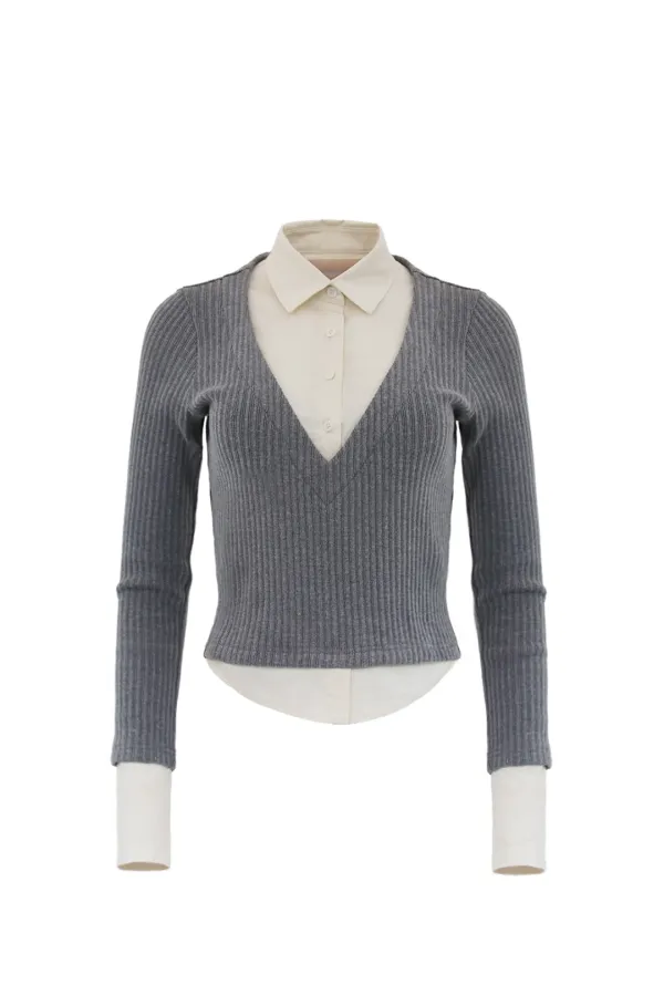 LAYERED V NECK KNIT SHIRTS BEIGE/GRAY