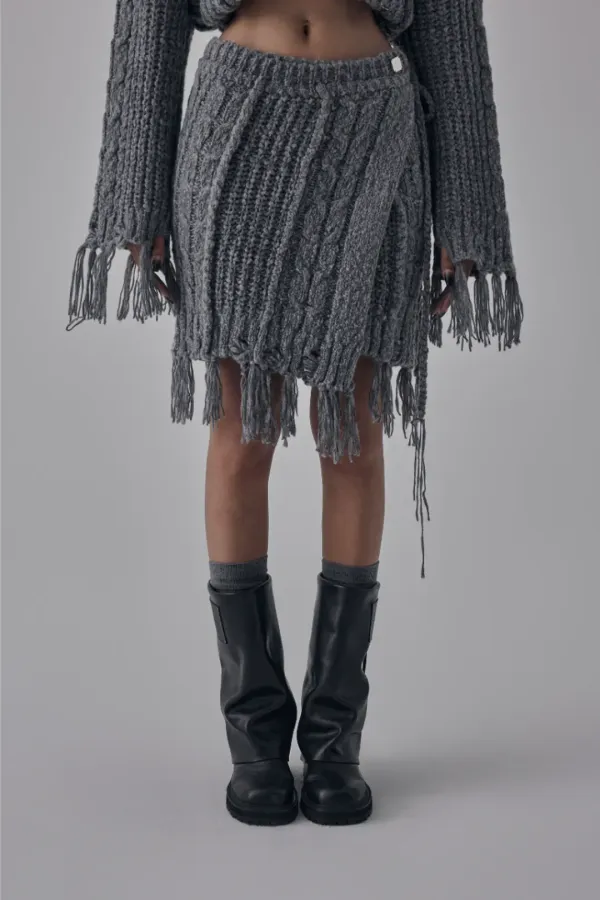 Wool Damage Tassel Knit Set-Up Layered Wrap [ Gray ]
