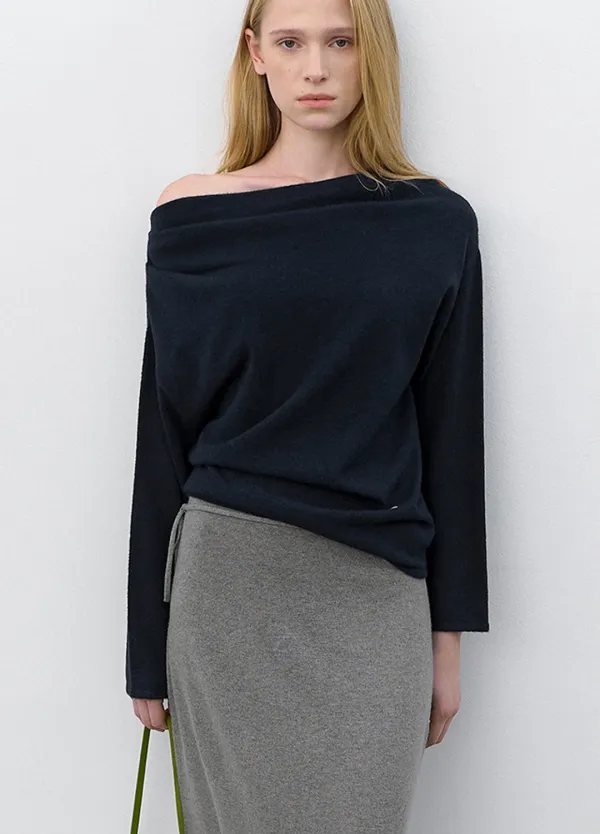 (T-7356)ONE OFF SHOULDER SOFT DRAPE KNIT