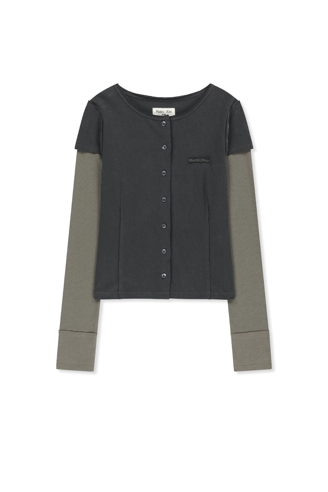 마뗑킴 FADED COLOR BLOCK LAYERED BUTTON TOP IN CHARCOAL 상품 이미지 1