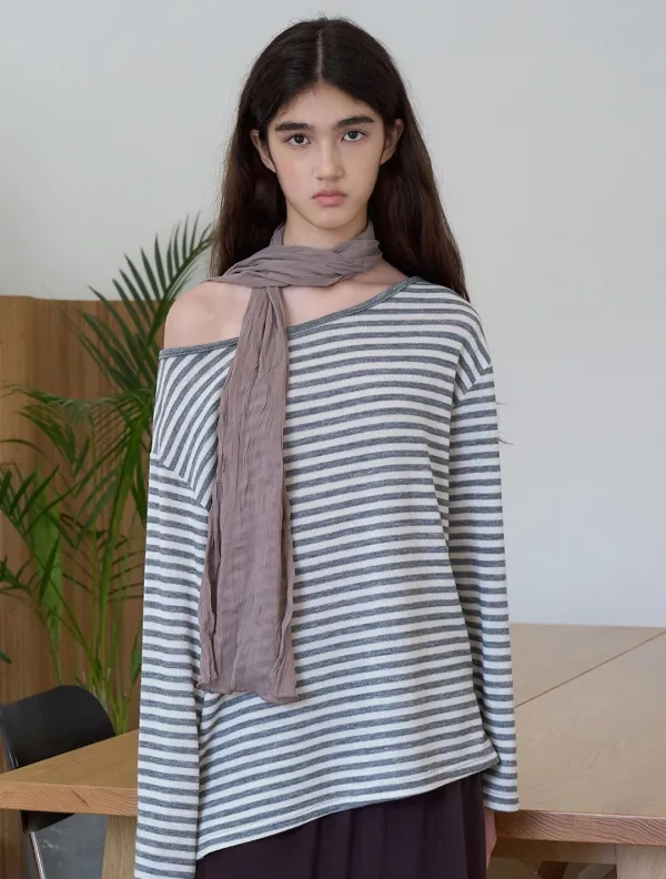 Stripe contrast one-shoulder T-shirt_Gray