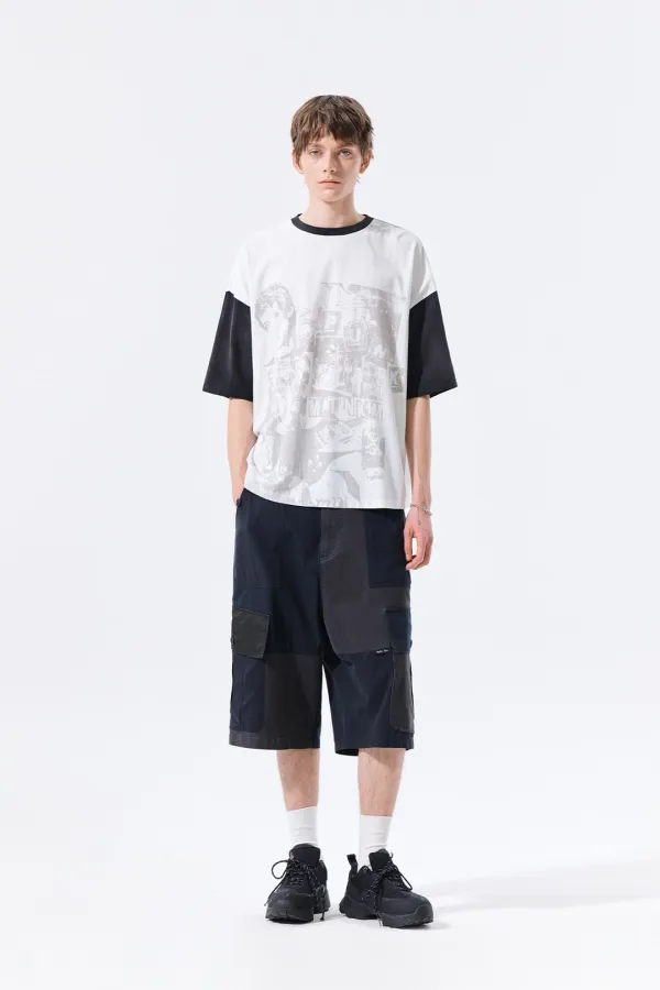 PATCHWORK CARGO BERMUDA PANTS FOR MEN IN CHARCOAL
