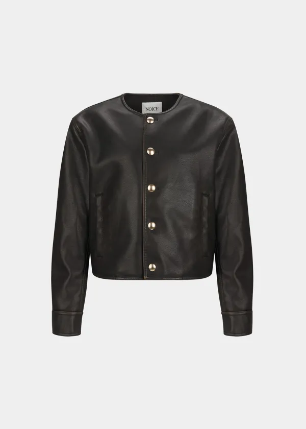 W PURE COLLAR FAUX LEATHER JACKET - BROWN