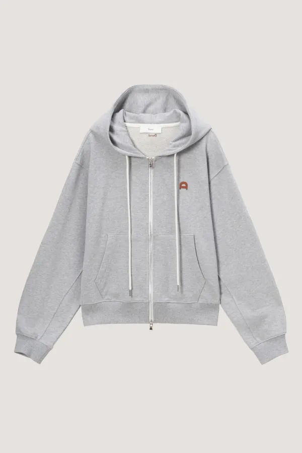 UNISEX LEATHER LOGO ZIP-UP HOODIE MELANGE GREY_UDTS6A108G2