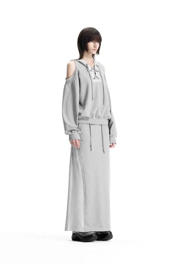 Lace-Up Eyelet Set-Up Hoodie [ Melange Gray ]