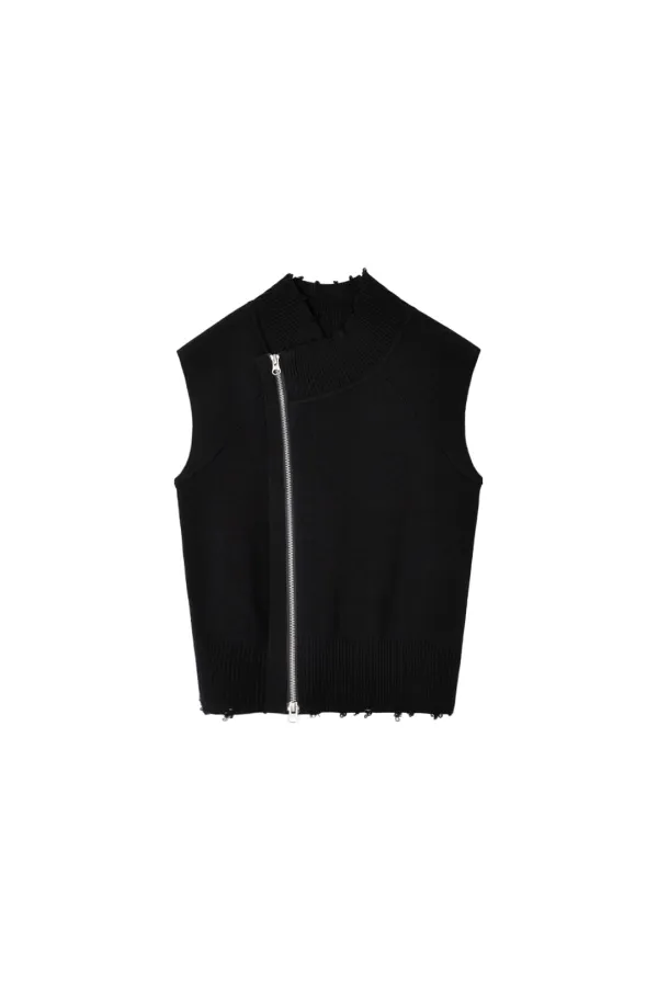 HIGH NECK LOGO KNIT ZIP UP VEST IN BLACK