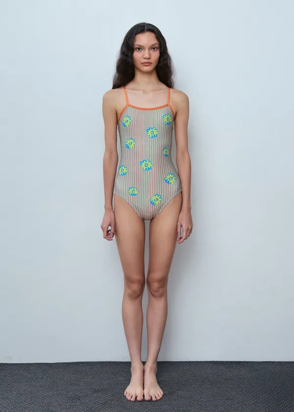 [Active] Flower Stripe One-Piece Swimsuit_Yellow