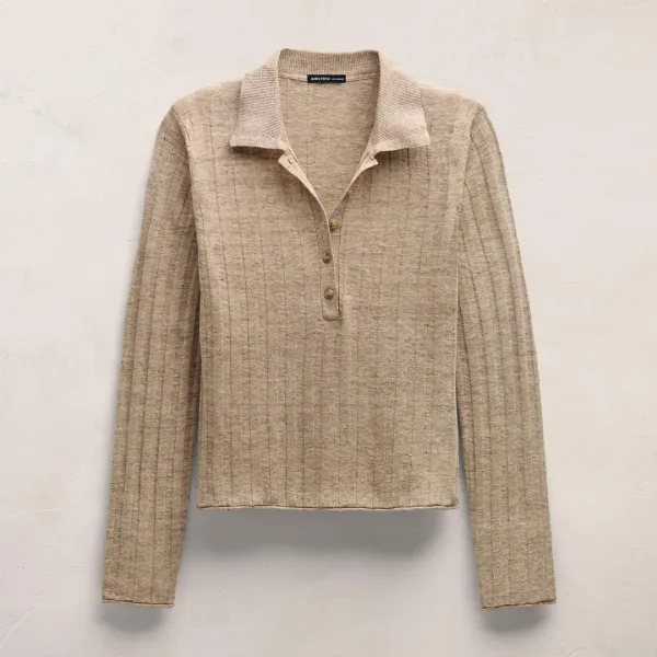Linen Cotton Ribbed Polo Sweater - Natural Melange