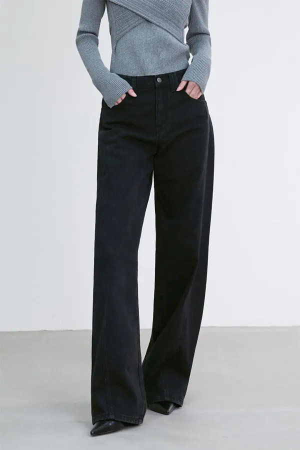 [2nd] SEAM DETAIL STRAIGHT DENIM PANTS WASHED BLACK