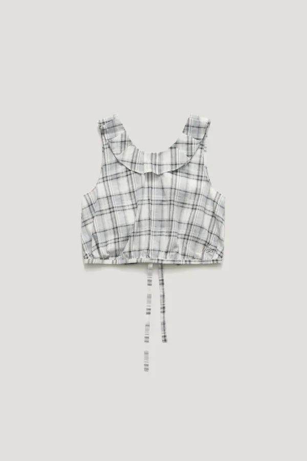 SELINA CHECK FRILL-NECK CROP SLEEVELESS_FOG GREY / ₩129,000  ->  ₩116,100 (10%)
