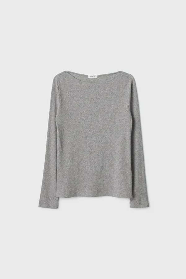 Slim Ribbed Boat Neck Top (Melange Grey)