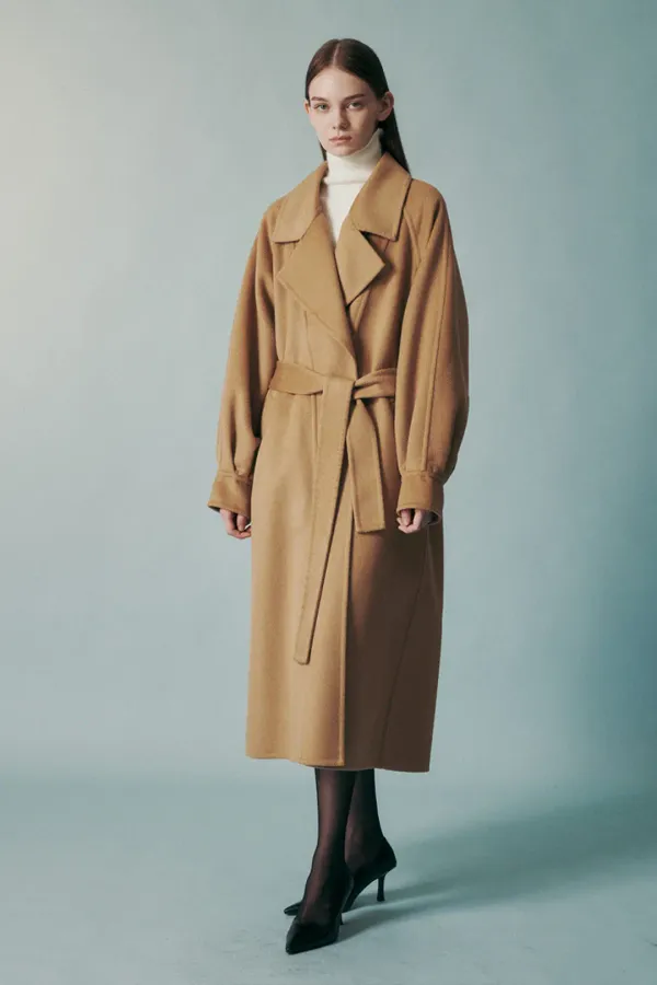 BALLOON SLEEVE BELTED ZIBELLIN COAT CAMEL