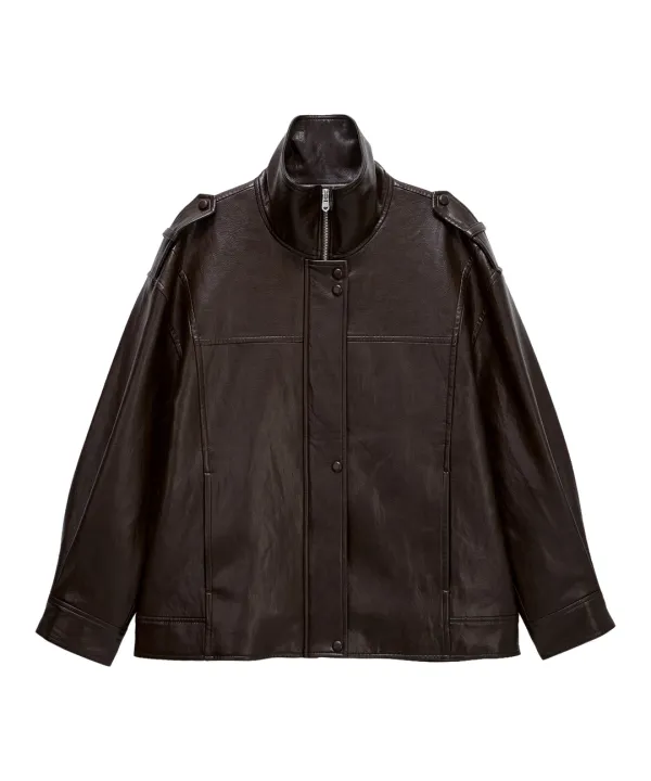 Oversized Jade Leather Jacket-Brown