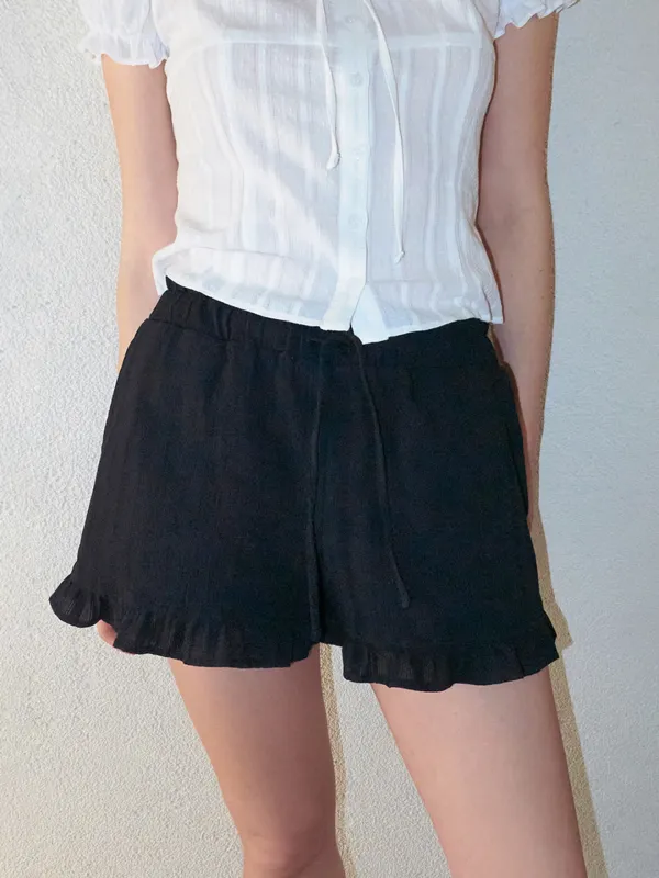 Frill Cotton Short Pants, Black