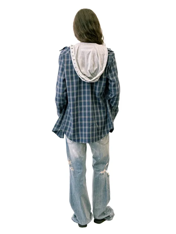 Boyfriend Hooded Shirts Navy Check
