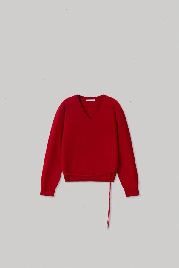 27216_Red Draped String V-Neck Sweater
