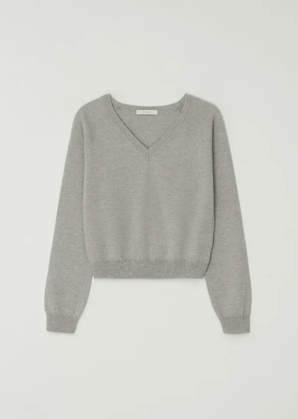 merino wool V-neck knit top-gray