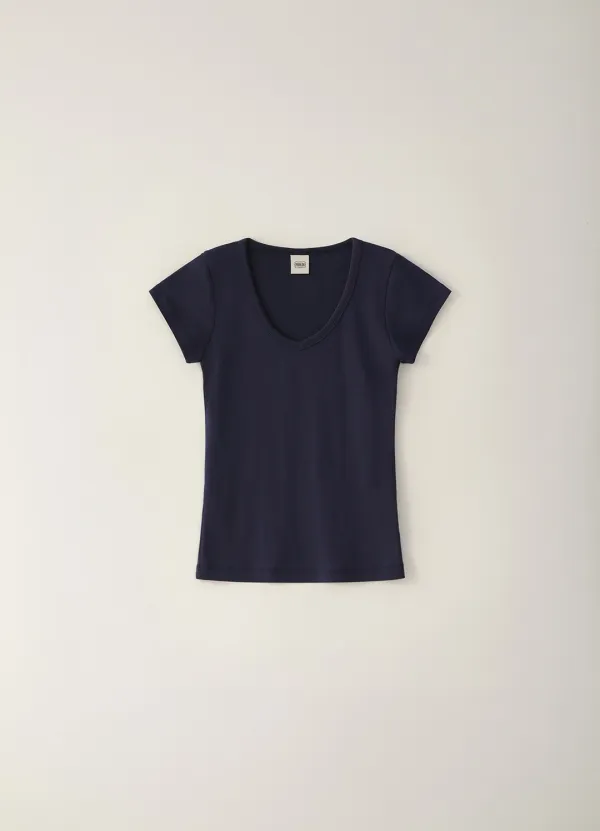 Cozy V-neck Short T-shirt - Deep navy