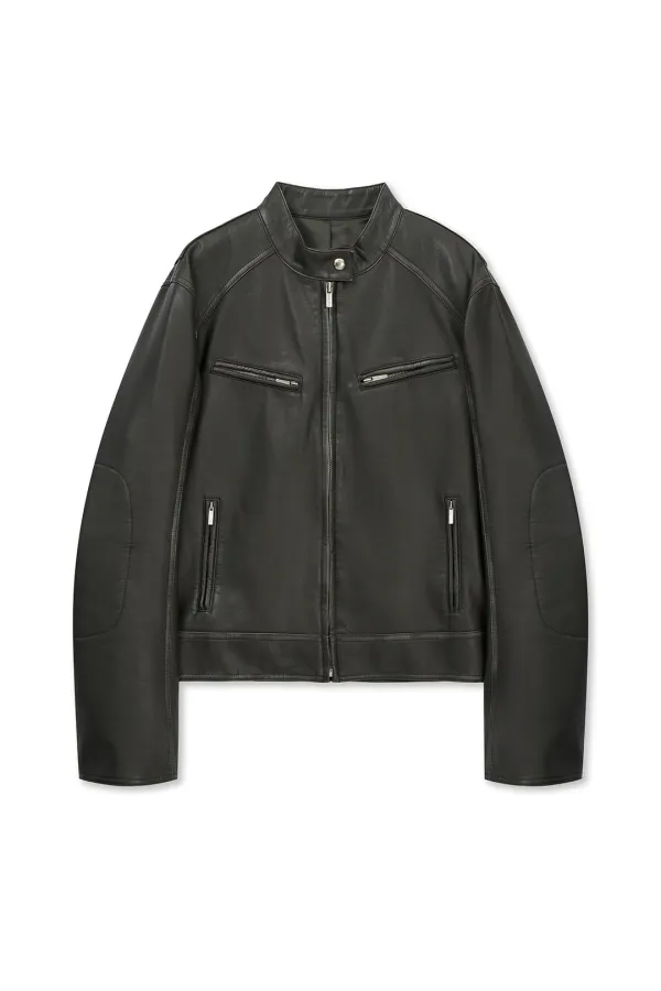 WASHED FAUX LEATHER RACER JUMPER IN CHARCOAL
