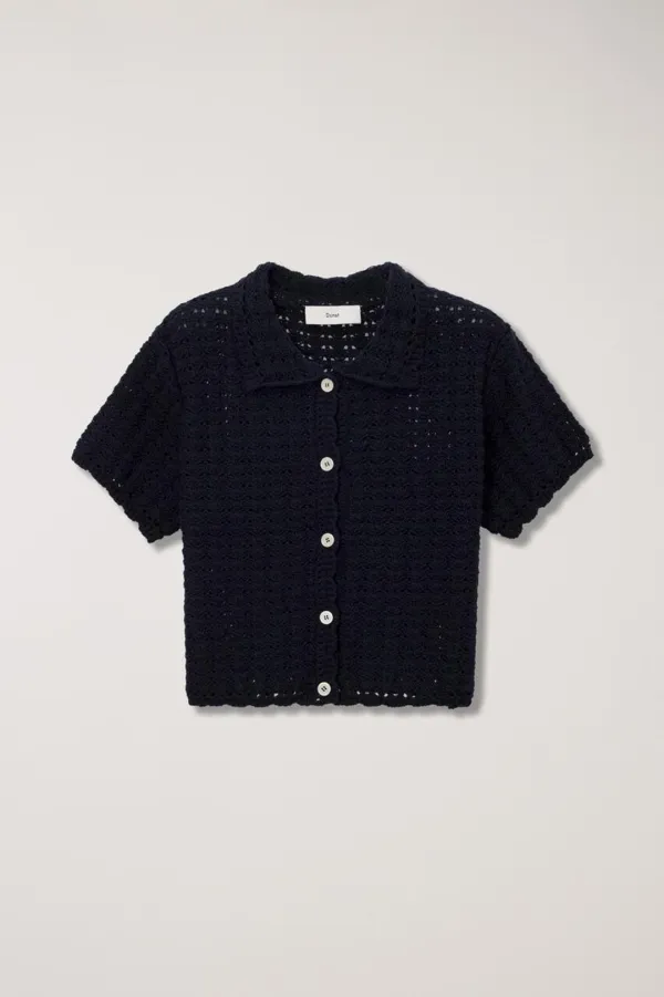 UNISEX OPEN COLLAR CROCHET CARDIGAN FRENCH NAVY
