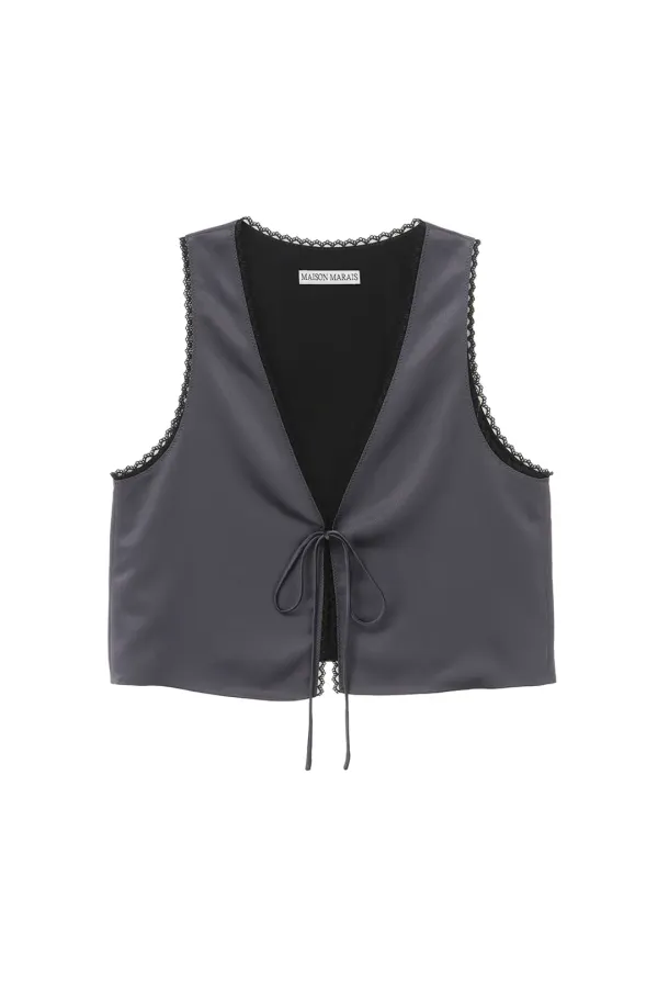 Ribbon Vest In Satin, Charcoal