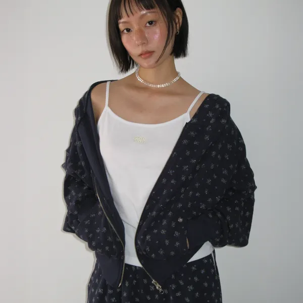 WALFFLE FLORAL HOODED ZIP UP NAVY